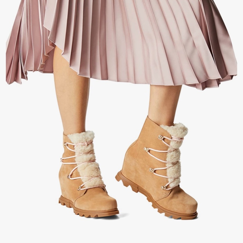Sorel Tan Suede Shearling-Lined Wedge Ankle Boots